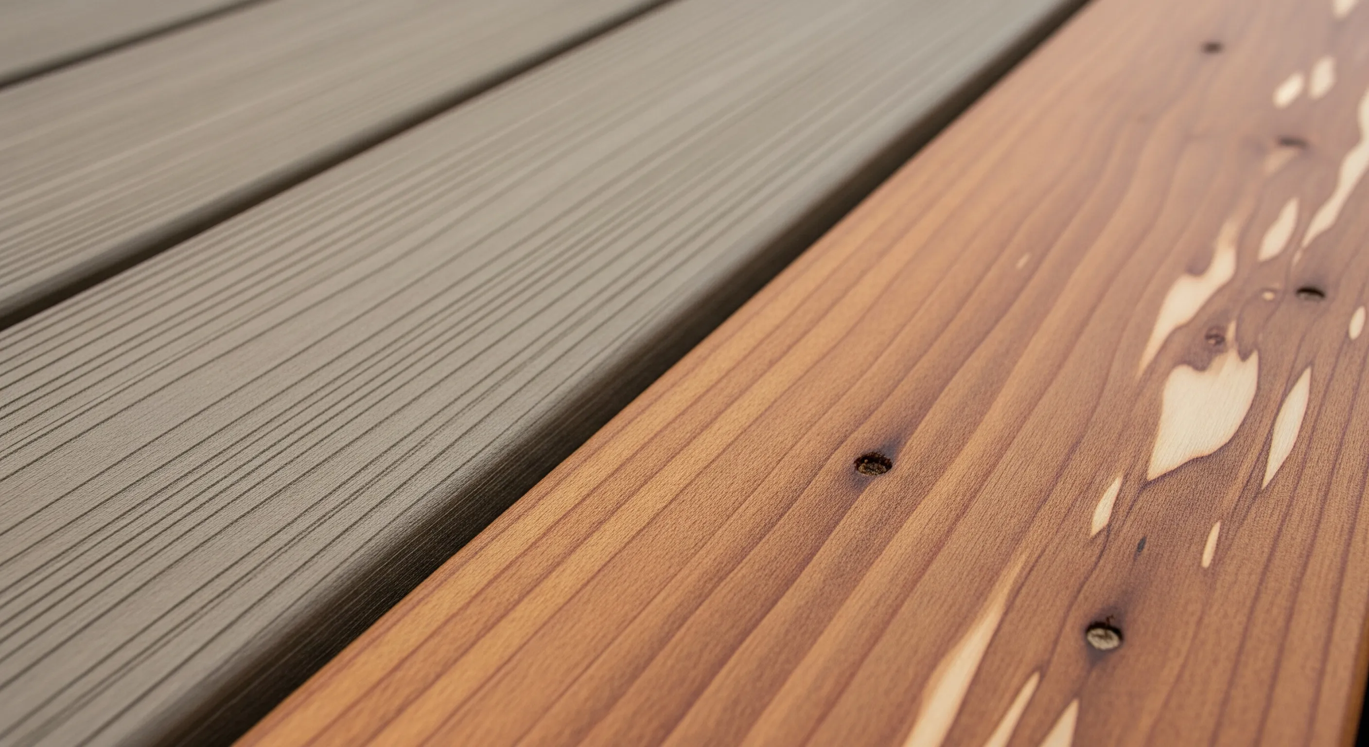 A grey composite deck board beside a freshly oiled hardwood board for comparison