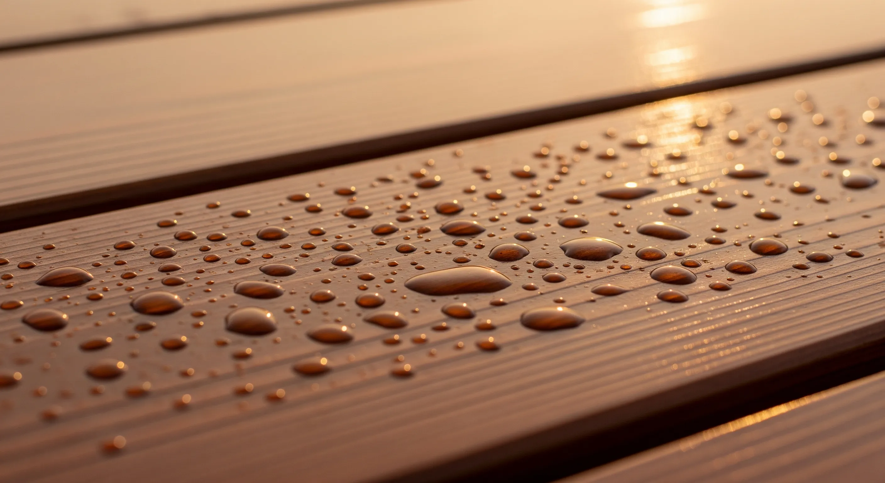 A freshly oiled hardwood deck with water beading on the surface
