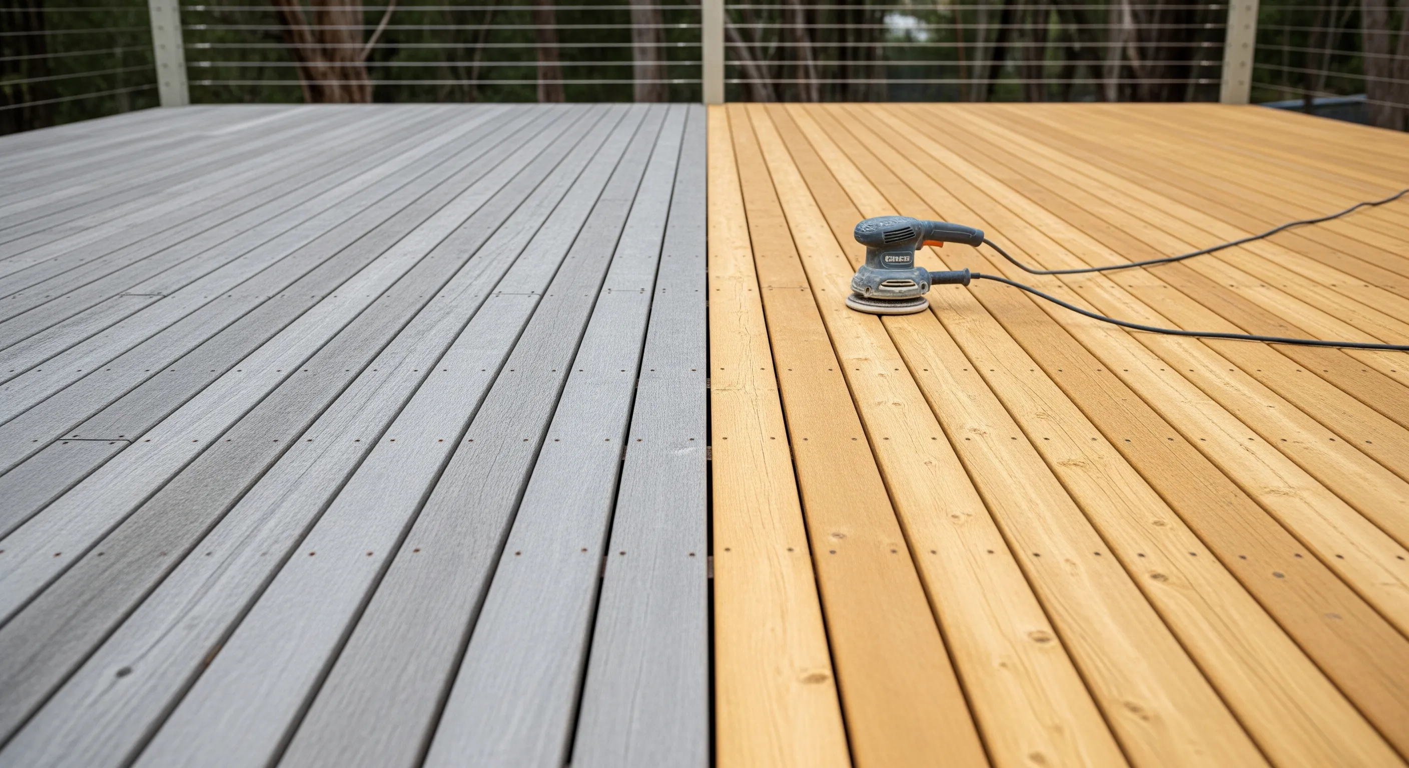 A weathered timber deck half sanded back, showing fresh timber against the grey